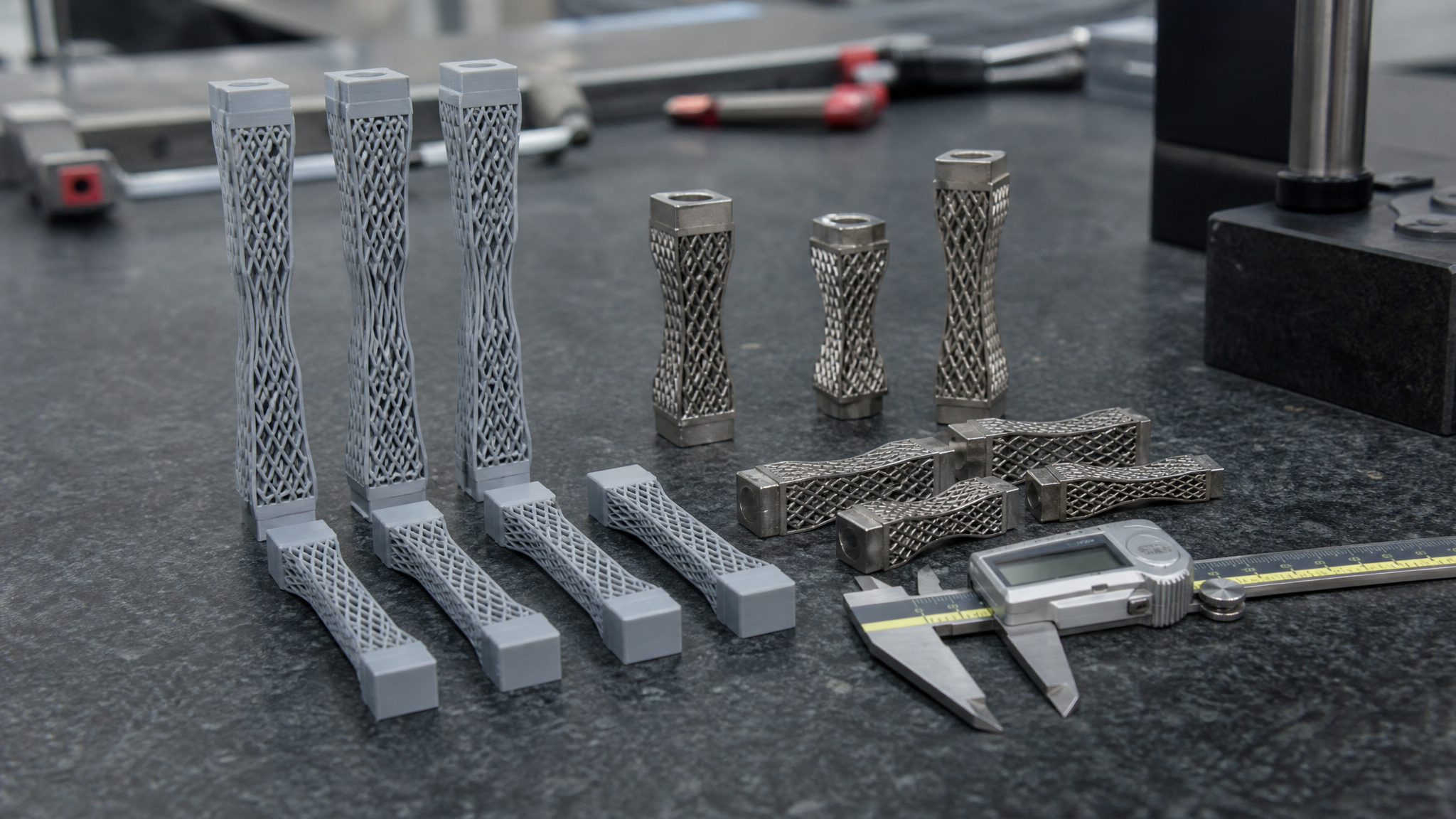 Printed lattice test coupons in aerospace polymer and titanium